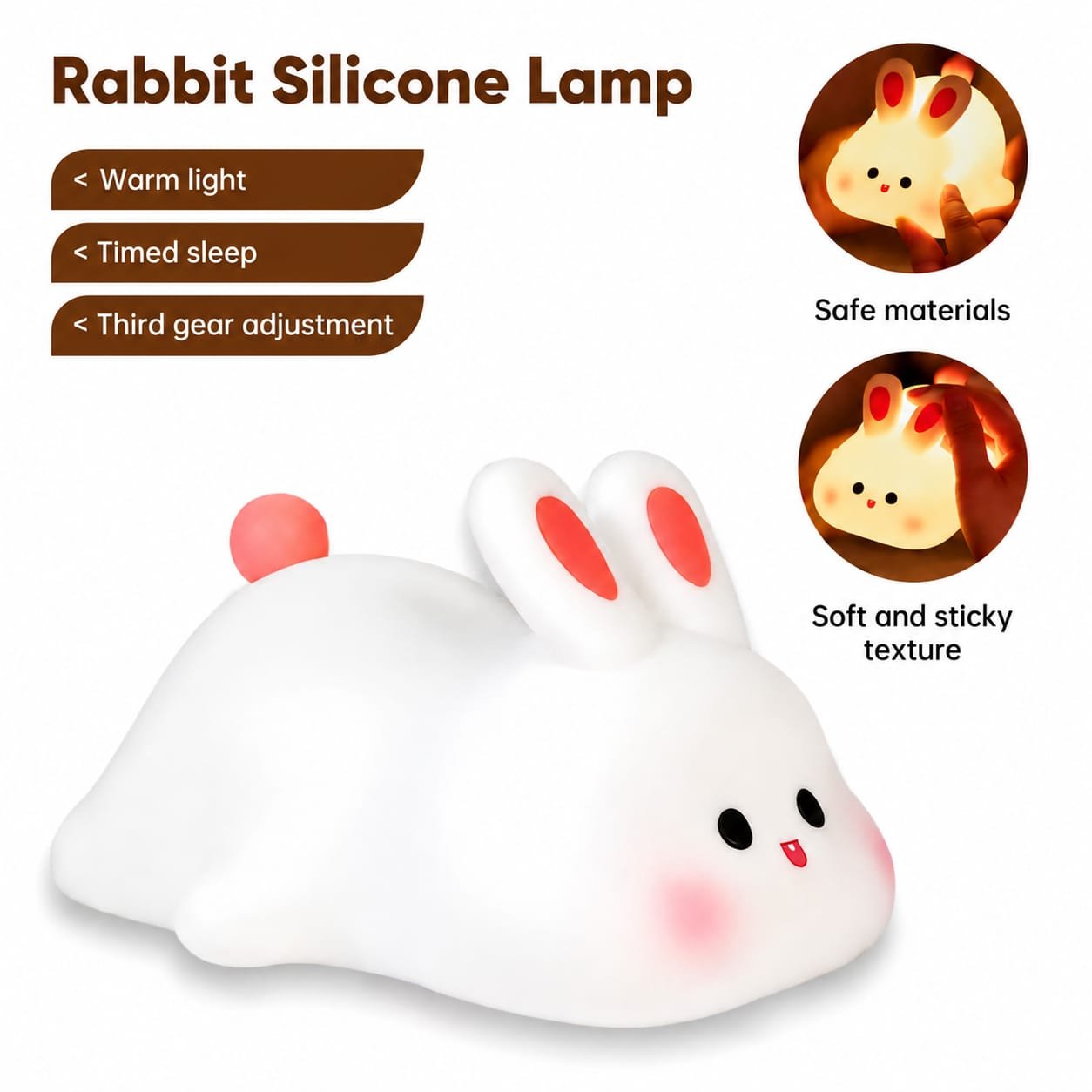 Cute Big Face Rabbit Silicone Night Light - Tap to Change Color, USB Rechargeable Squishy Bunny Lamp with Timer